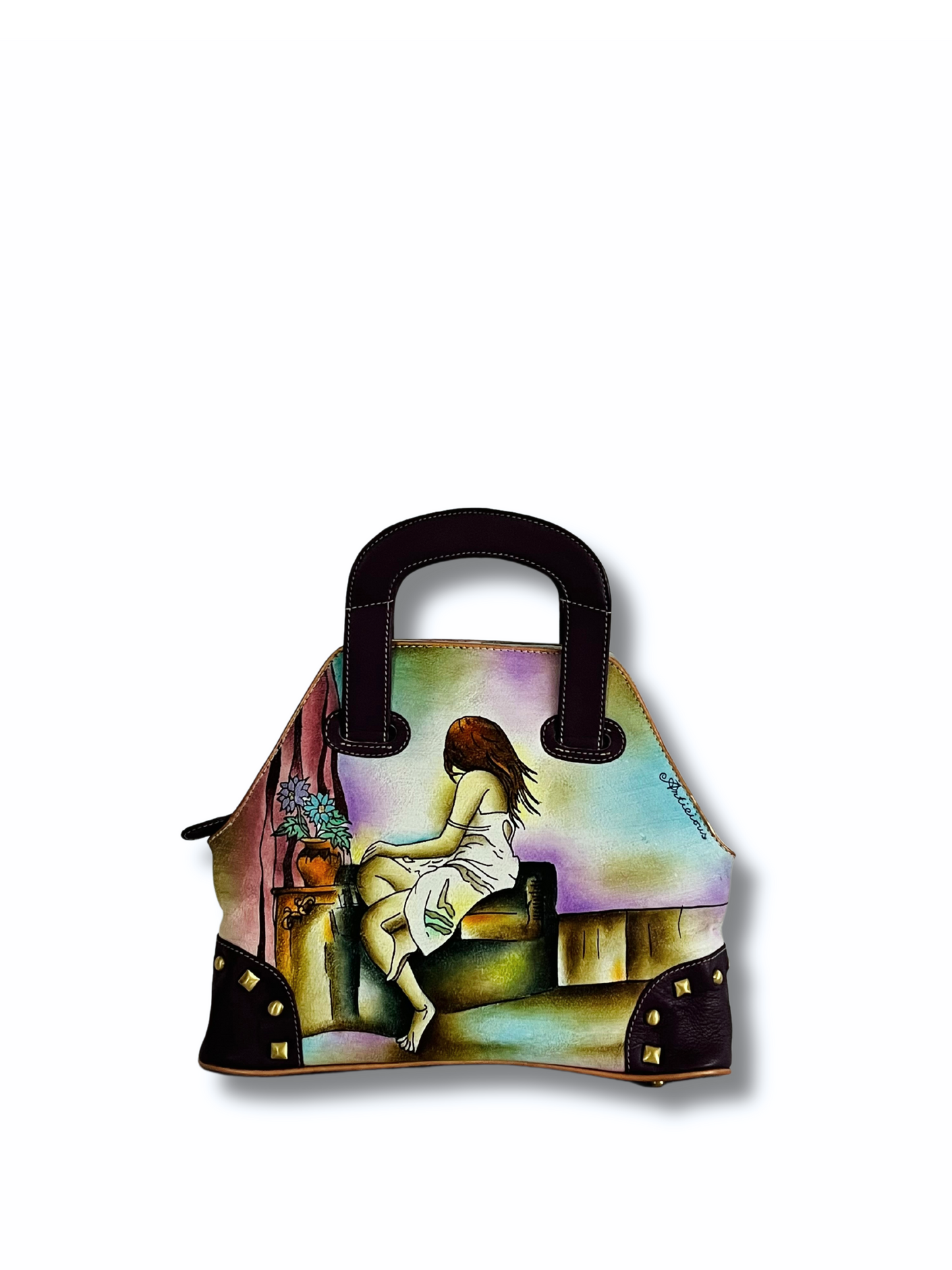 Deep hand painted leather bag